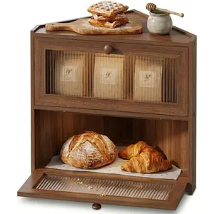 Corner Bread Box, 2 Tier Bamboo Bread Box for Kitchen Countertop, Wooden Bread Storage Container and Bread Keeper for Homemade Bread, Bagels and Rolls