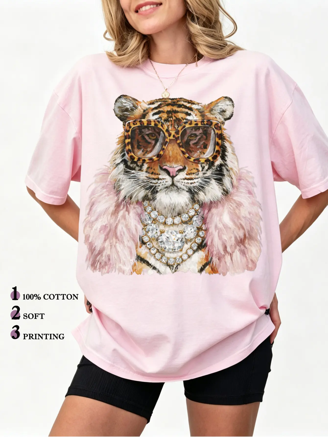Gildan Retro Boss Tiger graphic Tee Bling Diamond Necklace Pink Fur Leopard Shades Cool Wild Animal Short Sleeve 100% Cotton T Shirt For Women