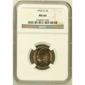 1950 D 5C JEFFERSON FIVE CENTS NGC CERTIFIED COIN MS 66