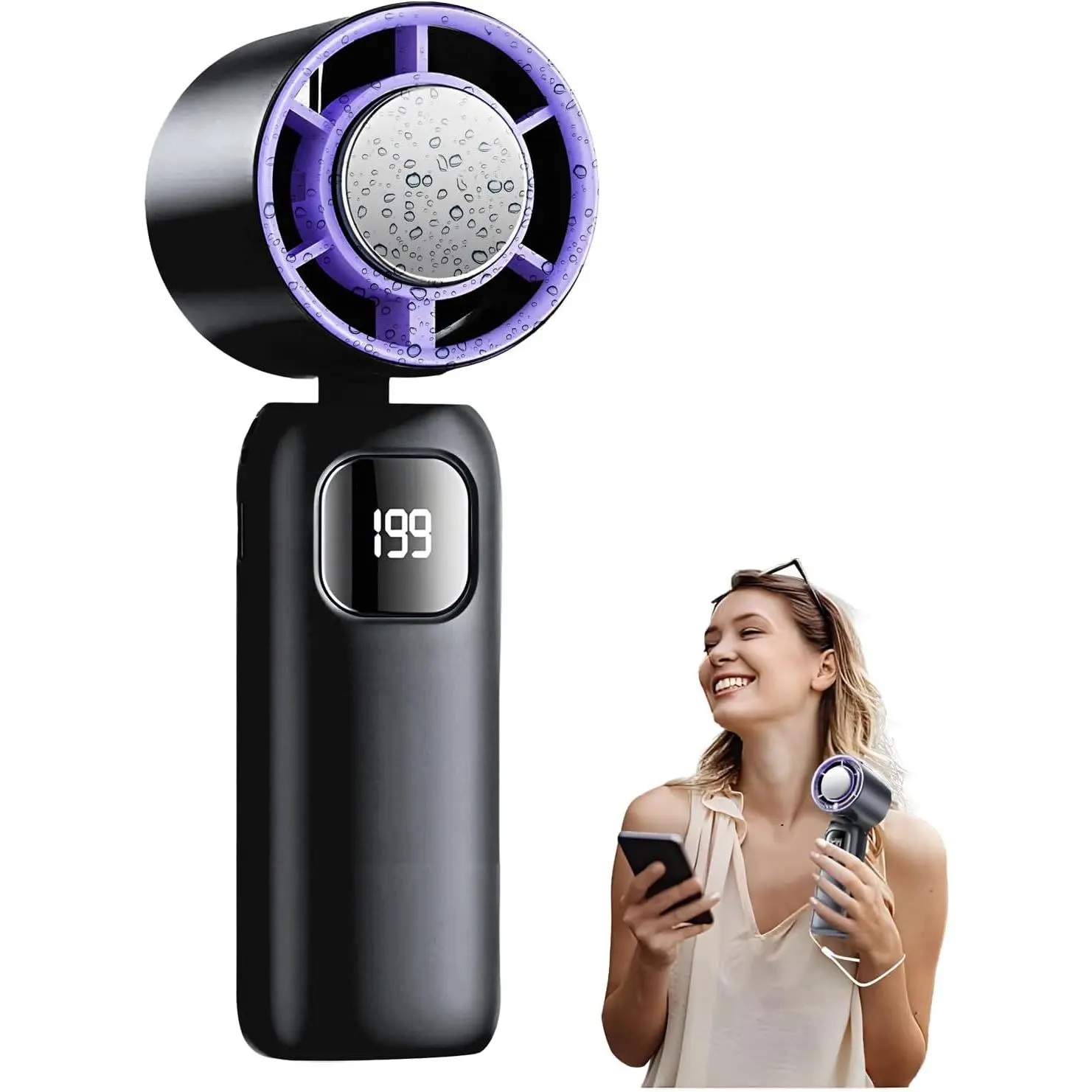 Handheld Cooling Fan - Portable Cordless Turbo, 100-Speed Adjustable Wind, USB Rechargeable with USB Port, 8.9cm Body, High-Speed Brushless Motor, AI Protection Chip, Multipurpose Party Gift for Travel, Outdoor Activities, Led Smart Screen