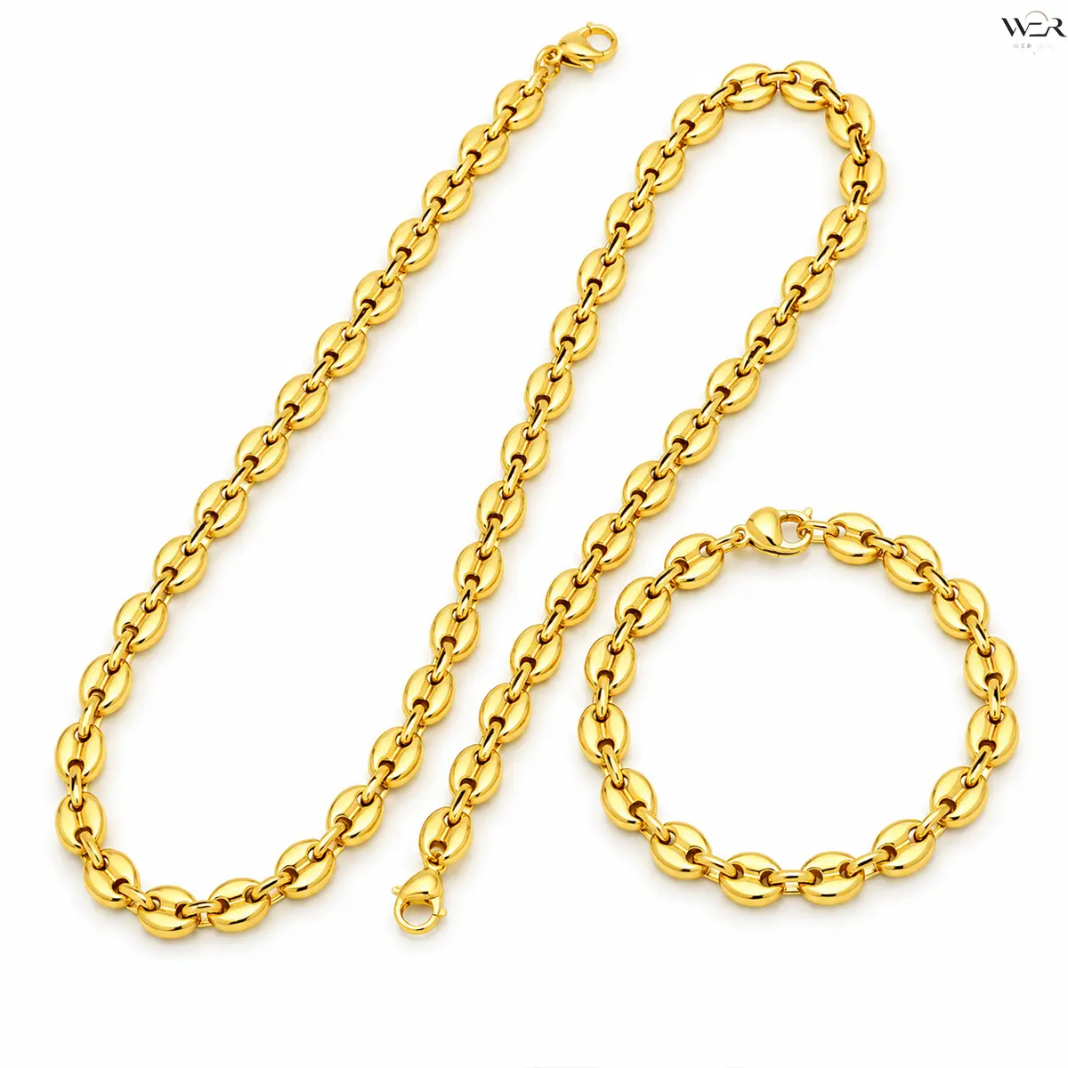Coffee Bean Chain Jewelry Set Gold Silver Necklace Bracelet Oval Link Sparkling Elegant Lightweight Comfortable Versatile Feminine Bold Statement Gift for Women Girls Daily Wear Special Occasion Perfect Accessory
