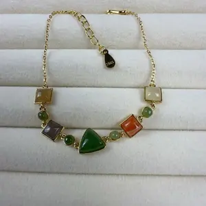 <PingEast jewelry > HeTian Jade bracelet--925 Sterling Silver Bracelet with Multicolored Hetian Jade in Mixed Shapes – 16+5cm Adjustable Chain.