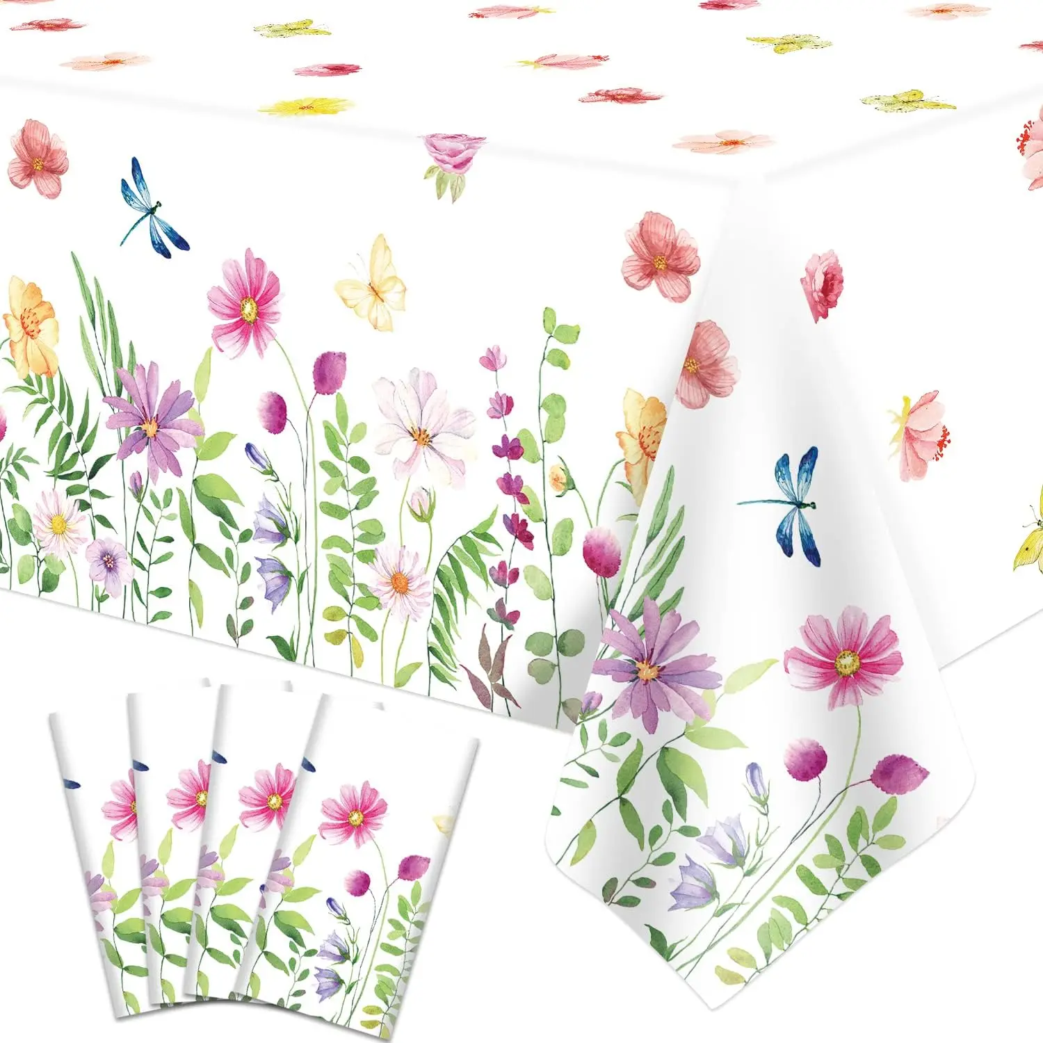 4-Pack Disposable Plastic Waterproof Rectangular Tablecloth Set, Pastoral Floral Motifs Watercolor Design with Pink Purple Blue Yellow Red Flowers & Butterflies (51x86.6in), for Wedding, Party Decor, Family Gatherings Decoration