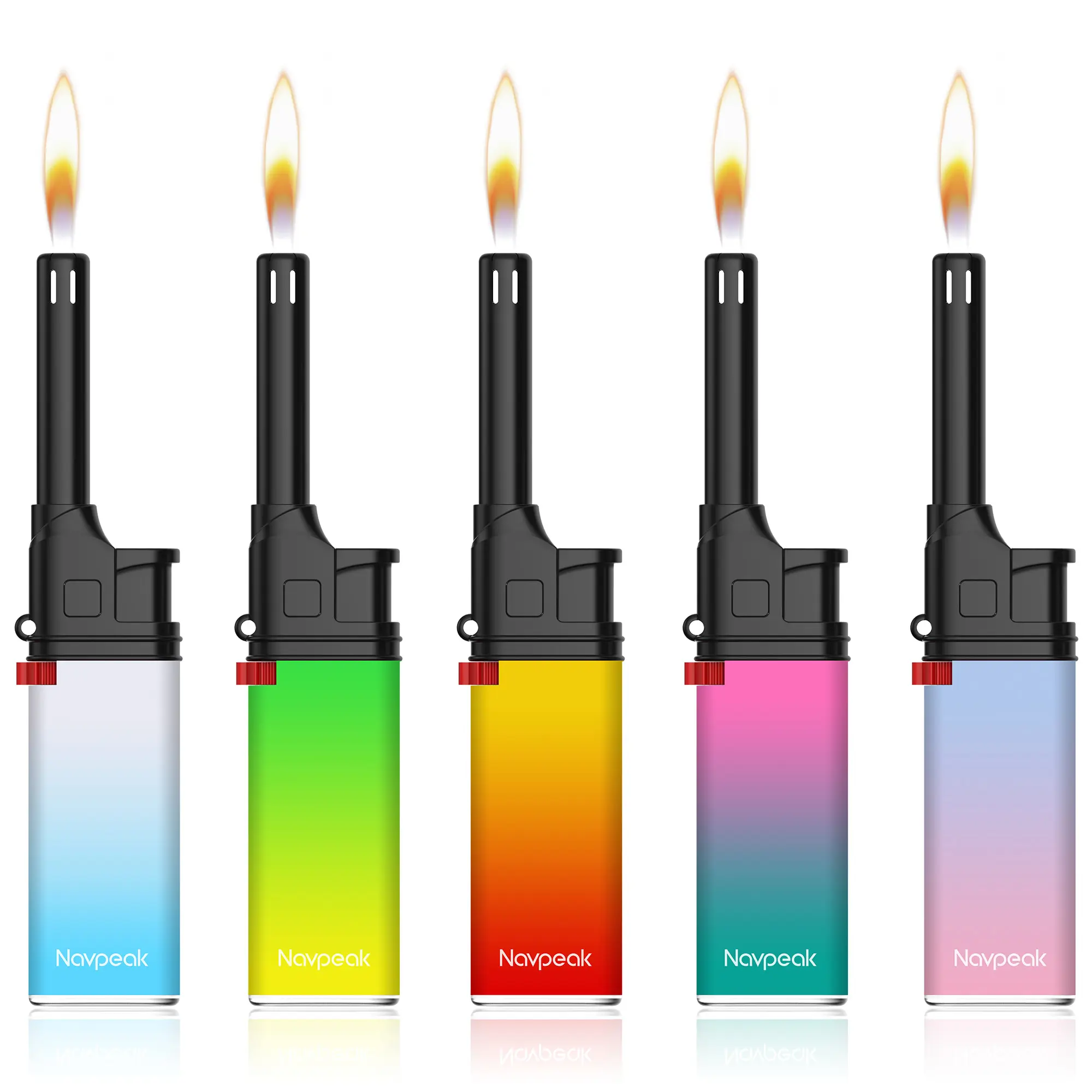 5-Pack Plastic Mini Candle Lighters Colorful Set - Long Wand, Piezo Self-Igniter, Refillable Butane-Included Gas Lighter, BBQ Charcoal Igniter for Kitchen, BBQ Grill - Kitchen Utensil Gadget Fire Starter