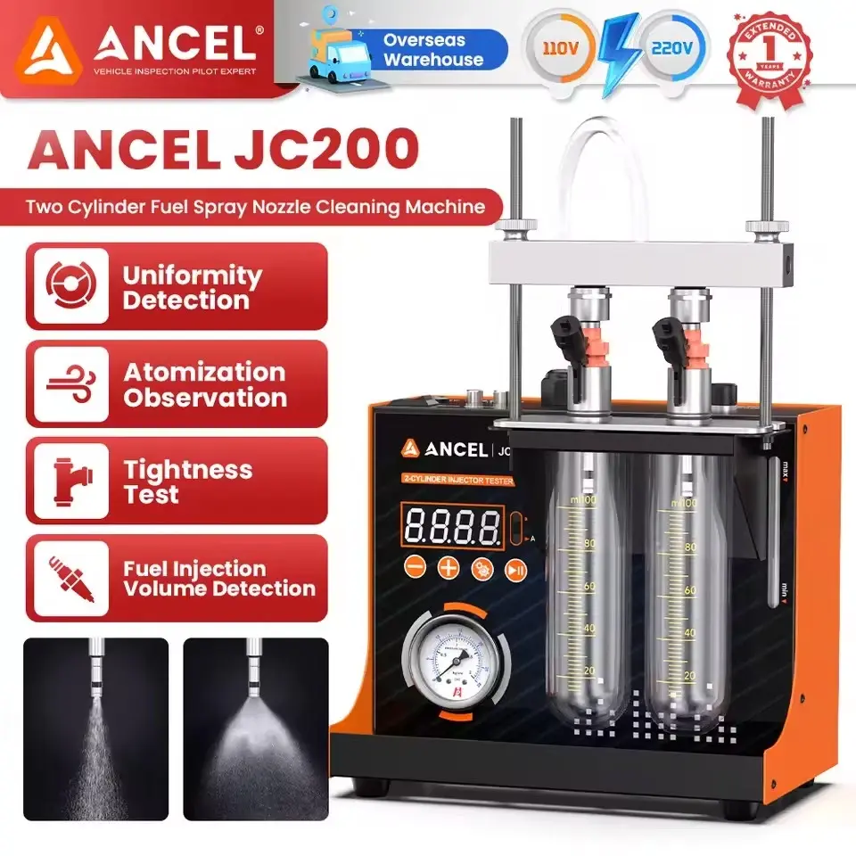 ANCEL JC200 2-Cylinder Fuel Injector Tester & Flow Cleaner Diagnostic Tool, Automotive Engine & Transmission Repair Tool with Adjustable Pressure, Built-in 12V Pump, Light Surface Deposit Remover for Cars, Motorcycles