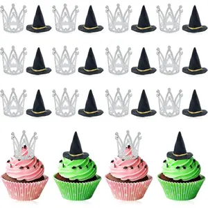 24 Pcs Witch Hat and Crown Cake Topper Wicked Cake Topper and Wicked Cupcake Toppers For Party Birthday Cake Craft Decoration