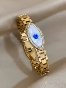 2pcs Set Evil Eye Bracelets, Stainless Steel Gold Plated with Shell Inlay, Enamel & Rhinestone Accents, Waterproof Tarnish-Resistant Adjustable Link Chain & Open Cuff Bangle Protection Jewelry Gift