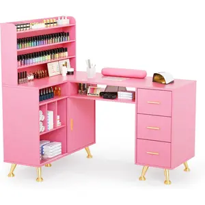OmySalon L Shaped Manicure Table with Dust Collector, 52" L Corner Nail Desk for Nail Techs, w/Polish Display Rack Arm Rest, Acetone Resistant Top, Drawer and Cabinet Storage, for Nail Salon (Pink)