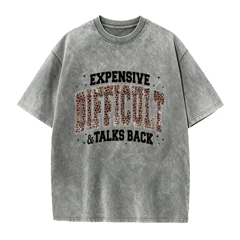 Women's Leopard Print Cotton T-Shirt - Funny Mom Top with "Expensive, Difficult & Talks Back" Slogan, Casual Black Gift From Husband