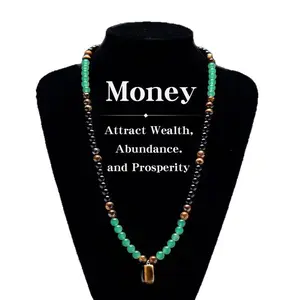 This unisex necklace features natural obsidian, green flower stone, and square tiger’s eye pendants. The surface is smoothly polished with a glossy finish.