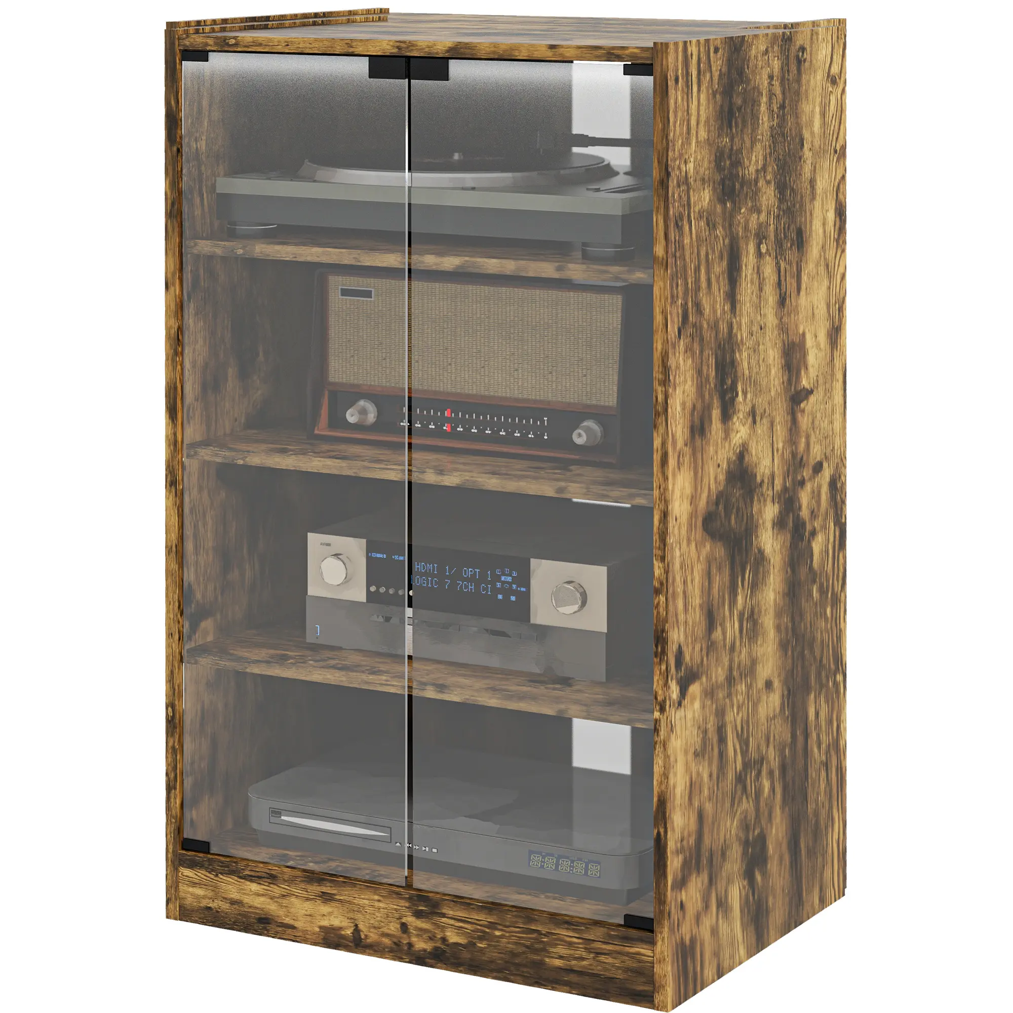 Media storage cabinet with 3-level adjustable shelves, double doors, anti-tipping device, P2 grade particleboard, suitable for living room home theater.