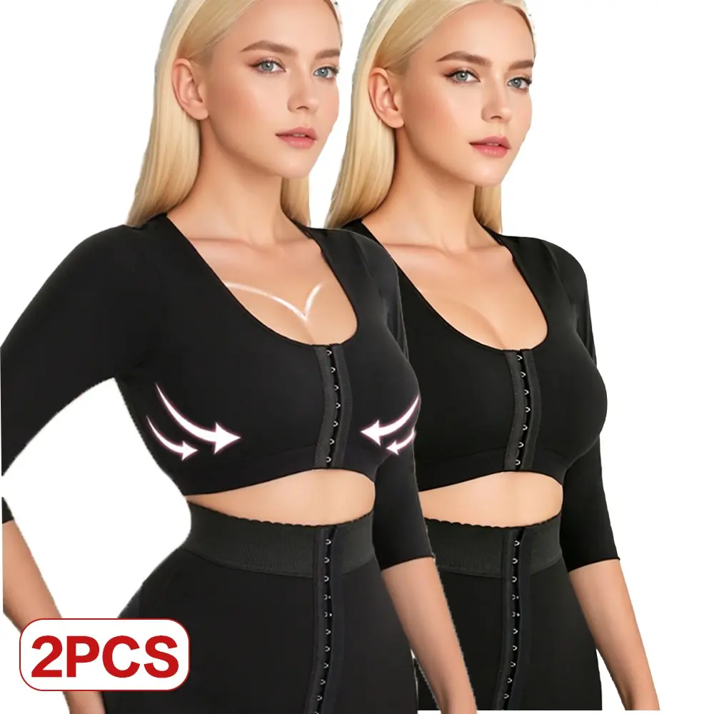 Women's 2PCS Post-Surgery Arm Compression Sleeves & Seamless Front-Closure Push-Up Bra Shapewear, Adjustable Hook Modest Minimalist Smooth Athletic Sportswear Underwear Tops, Lady, Basic, Activewear, Piece, Long Sleeve, Body Contouring, Front Hook