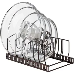 Pot Lids Organizer Rack for Cabinet and Countertop, 7+ Pan Lids and Bakeware Organizer Rack Holder with 7 Adjustable Compartments - Brown