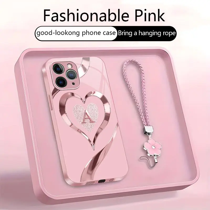 Suitable for [iPhone 11 Pro Max ] Personalized A-Z Initial Rose Gold Heart Monogram Phone Case | Metallic Painted Glass Protective Cover with Pink Petal Wrist Strap | Shockproof Drop Protection, Anti-Scratch & Anti-Fingerprint -JS996