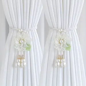 Set of 2 Elegant Pearl Flower Curtain Tie-backs – Adjustable Design, Garden-Style Home Decor & Curtain Accessories