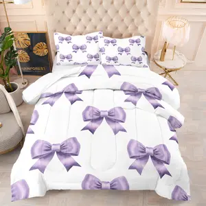 2/3 Piece Set of Purple Bow Printed Comforter Set, Simple and Fashionable Bedding Set, Soft and Breathable Suitable for Girls' Bedroom Decoration, 1 Quilt And 1/2 Pillowcase, Soft Bedding Sets