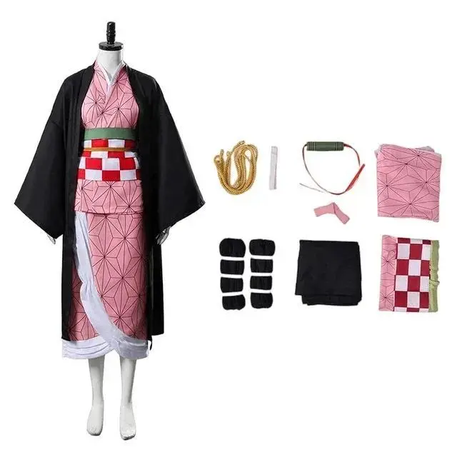 Anime Demon Slayer Kimetsu No Yaiba Kamado Nezuko Cosplay Costume Full Set - Polyester Kimono, Haori, Wig, Clogs, Multi-Size for Adults & 5T/110 ~ 120Cm Children, Halloween Cartoon Character DIY Specialty Supply, Diy Specialty Costume Supply