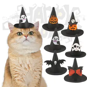 Halloween Cat Witch Hat Costume – Cute Pet Cosplay Accessories with Pumpkin, Ghost & Skull Designs for Cats and Small Dogs