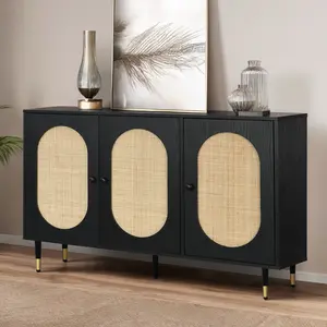 HOMBCK Sideboard Buffet Cabinet, Rattan 3 Doors Buffet Cabinet with Storage, 47''  Storage, Adjustable Shelf for Kitchen, Dining Living Room