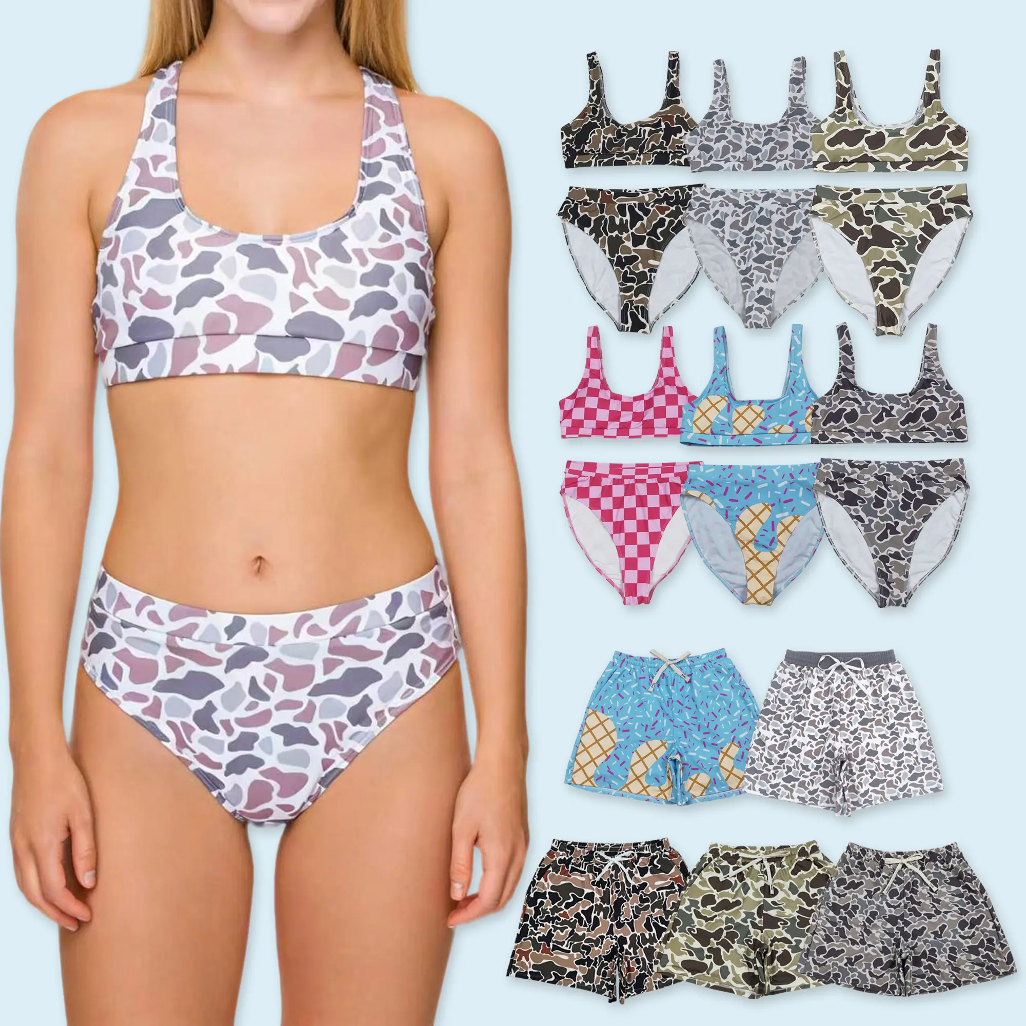 Camo print kids boy family summer swim trunks family swimwear two pieces bikini set soft swimsuit