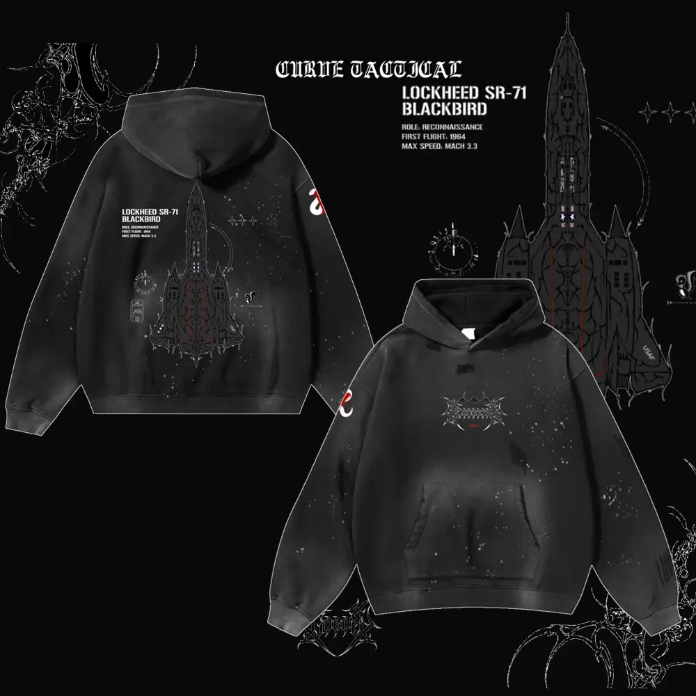 Curve Tactical SR-71 Blackbird Distressed Vintage Hoodie | Gothic Aviation Streetwear Pullover | Oversized Splatter Wash Sweatshirt | Faded Black | Grunge Aesthetic Unisex