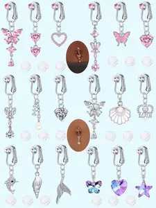 Silver Color Butterfly Heart Fake Belly Button Rings Set, Fake Ear Studs with Silicone Pads, Cute Daily Wear for Women Girls, Versatile Accessory, All Seasons