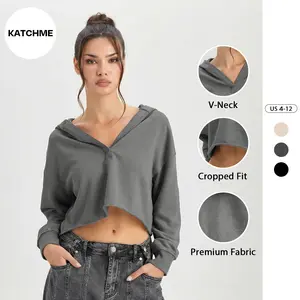 KatchMe Women's Versatile Solid Color V-Neck Hooded Long Sleeve Crop Top, Vintage Exposed Stitches Soft Hoodie, Lady Casual Comfort Outfit