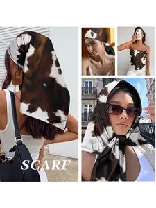 Women's Cow Print Satin Square Towel, Western Style Hair Band, Denim Competition Essential, Fall Season Accessory, Cow Print Design, Scarf Head Wrap