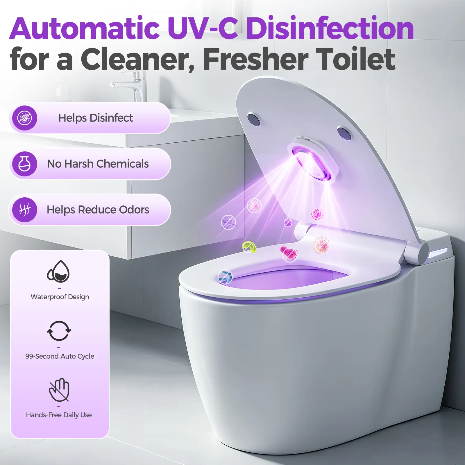 Aogeshi UV-C Toilet Lid Sanitizer, Hands-Free 99-Second Auto Cycle, Helps Sanitize & Reduce Odors, No Harsh Chemicals, 180° Coverage, 2000mAh Rechargeable Battery, USB-C Fast Charging