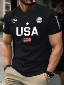 Men's USA Flag Print Casual Letters Print Round Neck Casual Style Tee, Regular Fit Fitted Casual Short Sleeve Crew Neck T-Shirt for Summer, Fashion Men's Top for Daily Wear, American Tee, Menswear