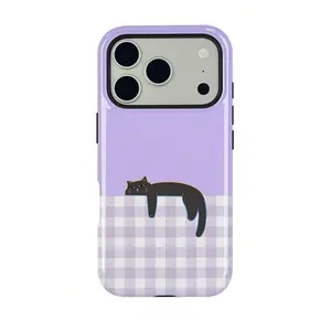 Lavender Plaid Patchwork Lazy Cat Printed Phone Case Korean Trendy Elegant Shockproof Protective Cellphone Cover Compatible With iPhone 17 16 15 14 13Pro Max Plus Stylish Daily Accessory Practical Holiday Birthday Festival Gift For Men Women And Gi