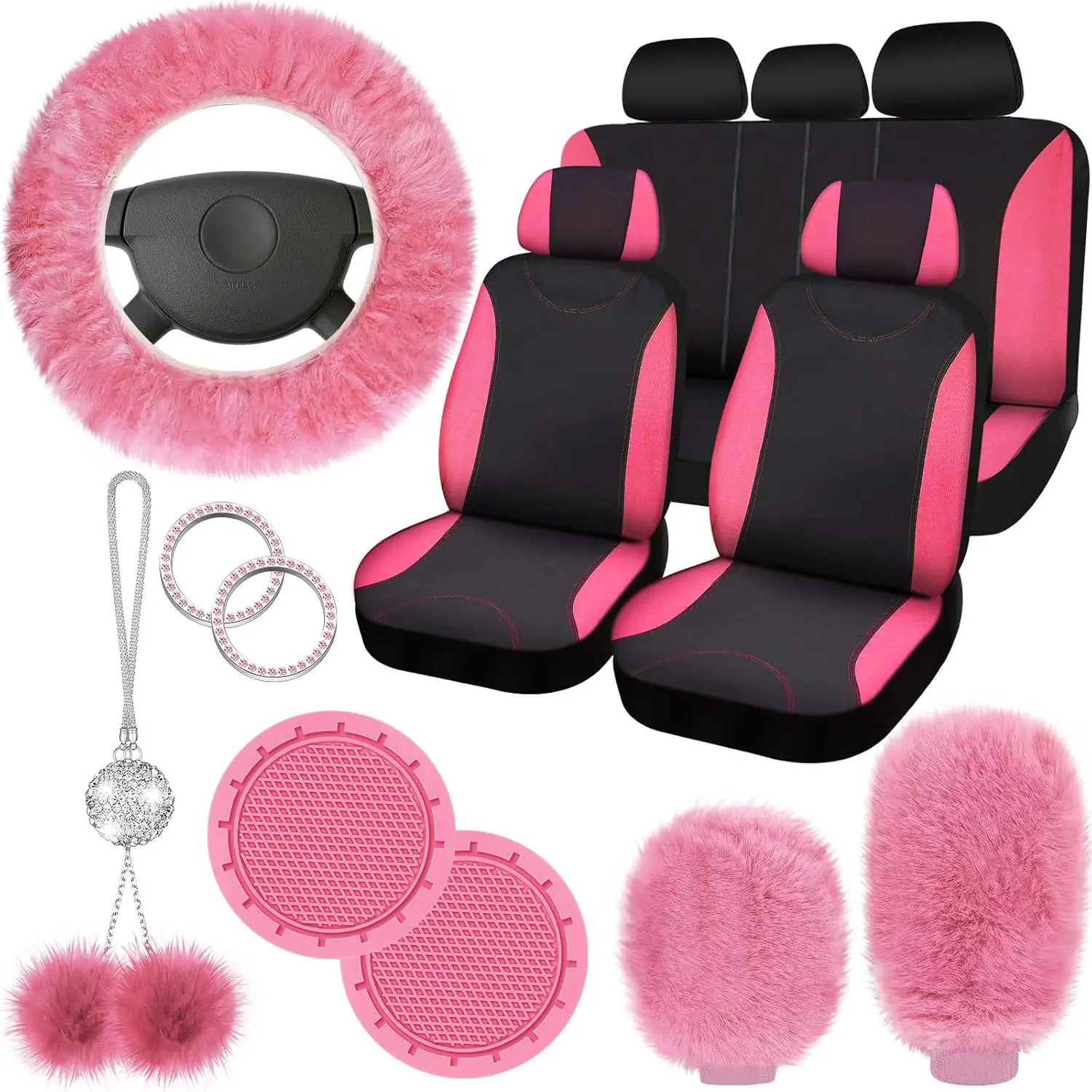 17 Pcs Car Seat Cover Full Set for Women Universal Fit Car Front Rear Seat Covers Fluffy Steering Wheel Covers Fleece Handbrake Shift Cover Hanging Accessory Holder Ring Emblem (Pink Black) Fulmoon