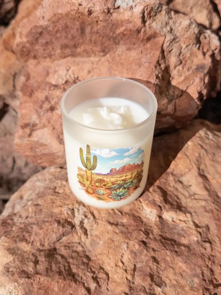 Desert Rain Coconut Wax Decorated Candle, Cruelty-Free Creosote + Refreshing Rain Aroma, Colorful Landscape Frosted Glass Home Decor Candle