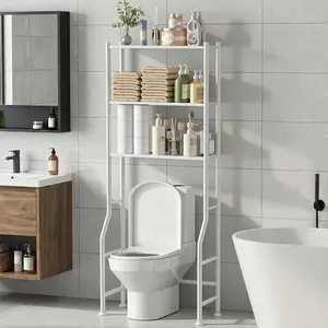 3-Tier Over Toilet Storage Rack, Metal Over Toilet Bathroom Organizer Shelf, Freestanding Space Saver Storage Shelves for Room (White)