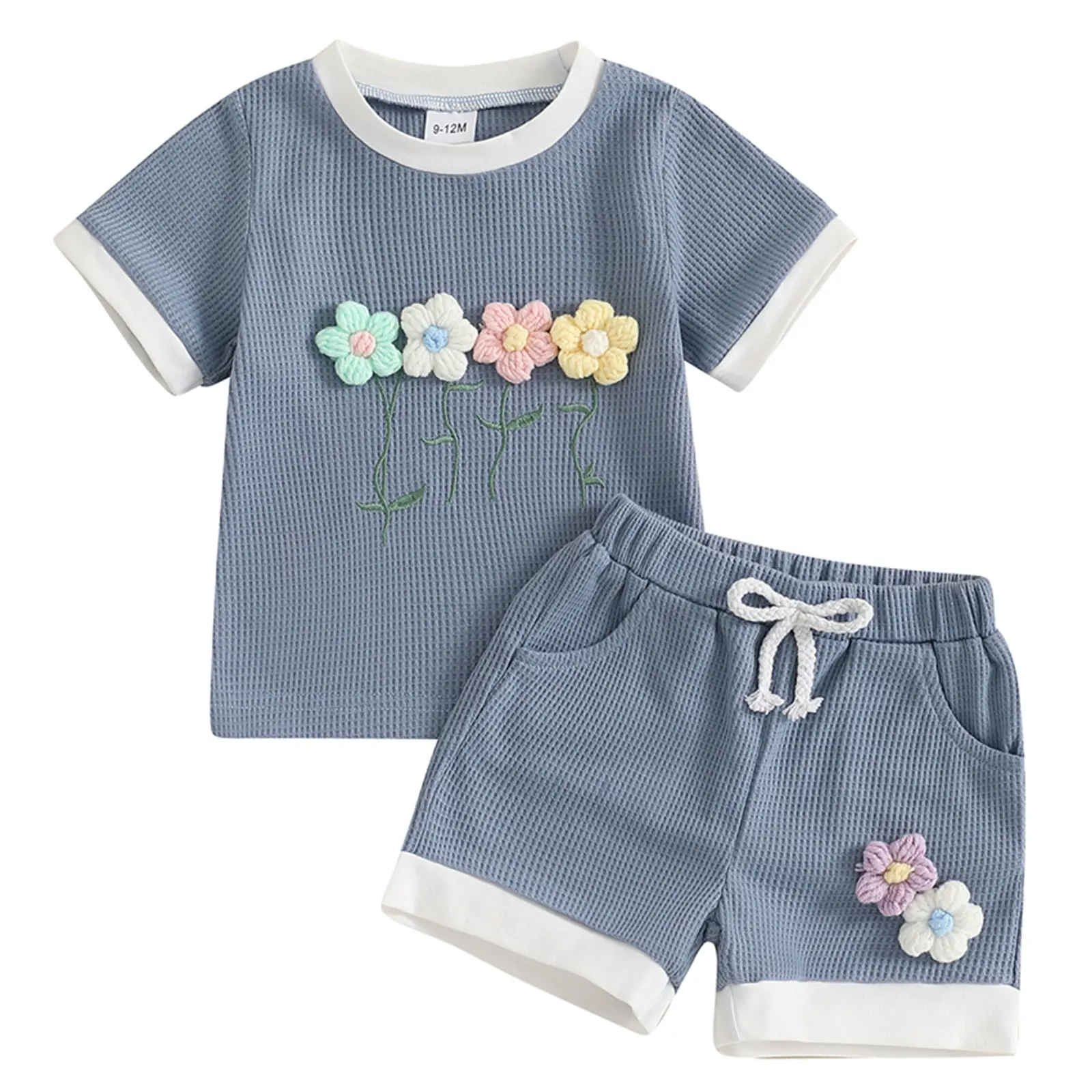 Toddler Baby Girl Summer Outfit Waffle Knit Short Sleeve 3D Flower Embroidery T Shirt Tops Elastic Waist Shorts 2Pcs Set #Summervibes