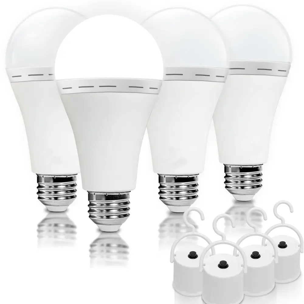 4 Pack Rechargeable Emergency Light Bulbs A19, Camping Lamp Battery Powered LED Light Bulb 6000K Daylight E26 E27 120 Volt 12W 60W Equivalent with 1200mAh for Home Power Outage Camping Hurricane