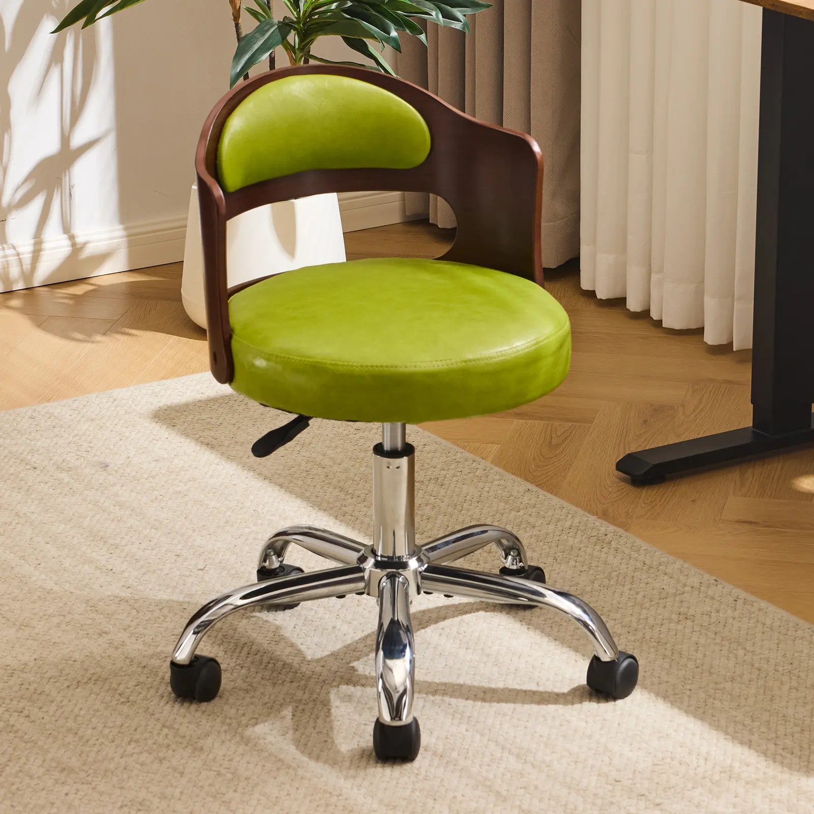 VINGLI Armless Home Office Desk Chair, Adjustable Swivel Chair,Dual-Use with/no Wheels,Small Retro Designed Walnut Curved Task Chair,Cushioned Nail Tech Chair for Study Area,Workspace,PU