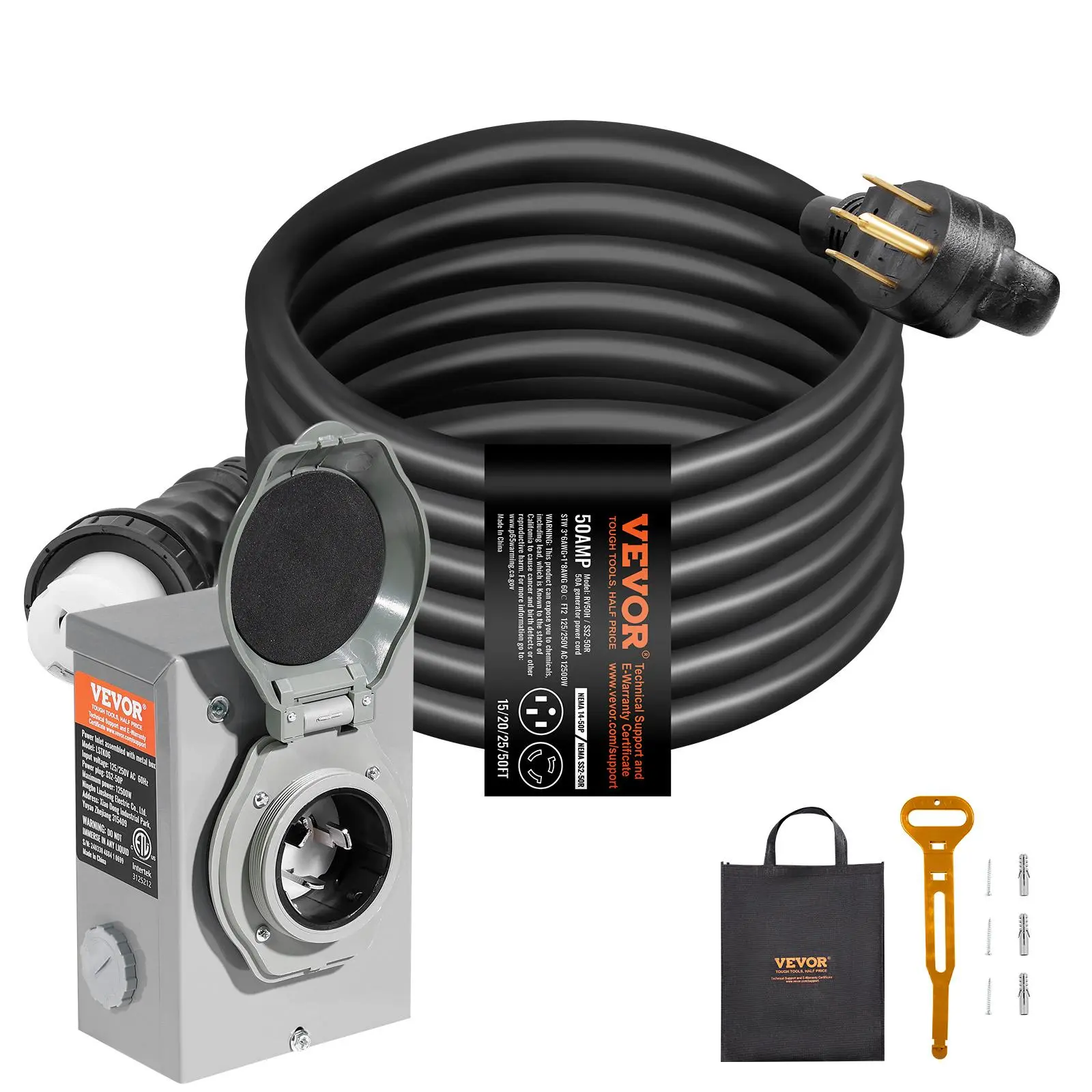 【summerfinds】VEVOR 50 Amp Generator Cord and Power Inlet Box Kit, 15FT, NEMA 14-50P/SS2-50R STW 6/3+8/1 AWG Generator Power Cord with Twist Lock Connector, Pre-Drilled Inlet Box for Generator to House, ETL Listed