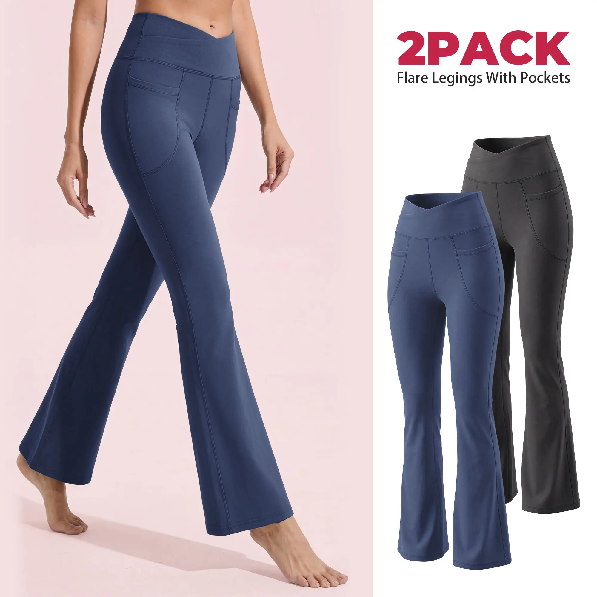 SHOWITTY Women's High Waisted 2 Pack Flare Leggings – Crossover Yoga Pants with Pockets Bootcut Workout & Lounge Wear
