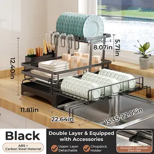 Foldable 2-Tier Dish Drying Rack with ABS & Carbon Steel Construction, Expandable Kitchen Counter Organizer with Drainboard, No More Wet Counter, Space Saving Storage for Dishes & Utensils