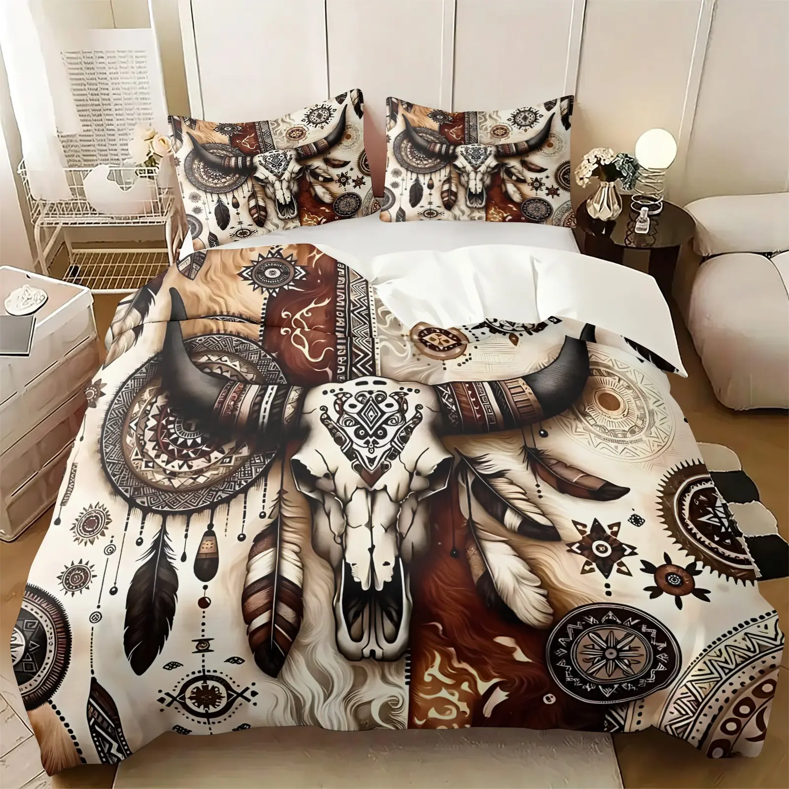 2/3 Piece Western Country And Bohemian Style Bedding Set, Comfy Bed Sets, Boho Bed Set, Cow Head Bone Quilt Cover and Feather Pattern Duvet Cover Set, Soft and Comfortable, Including 1 Comforter Cover and 1/2 Pillowcase