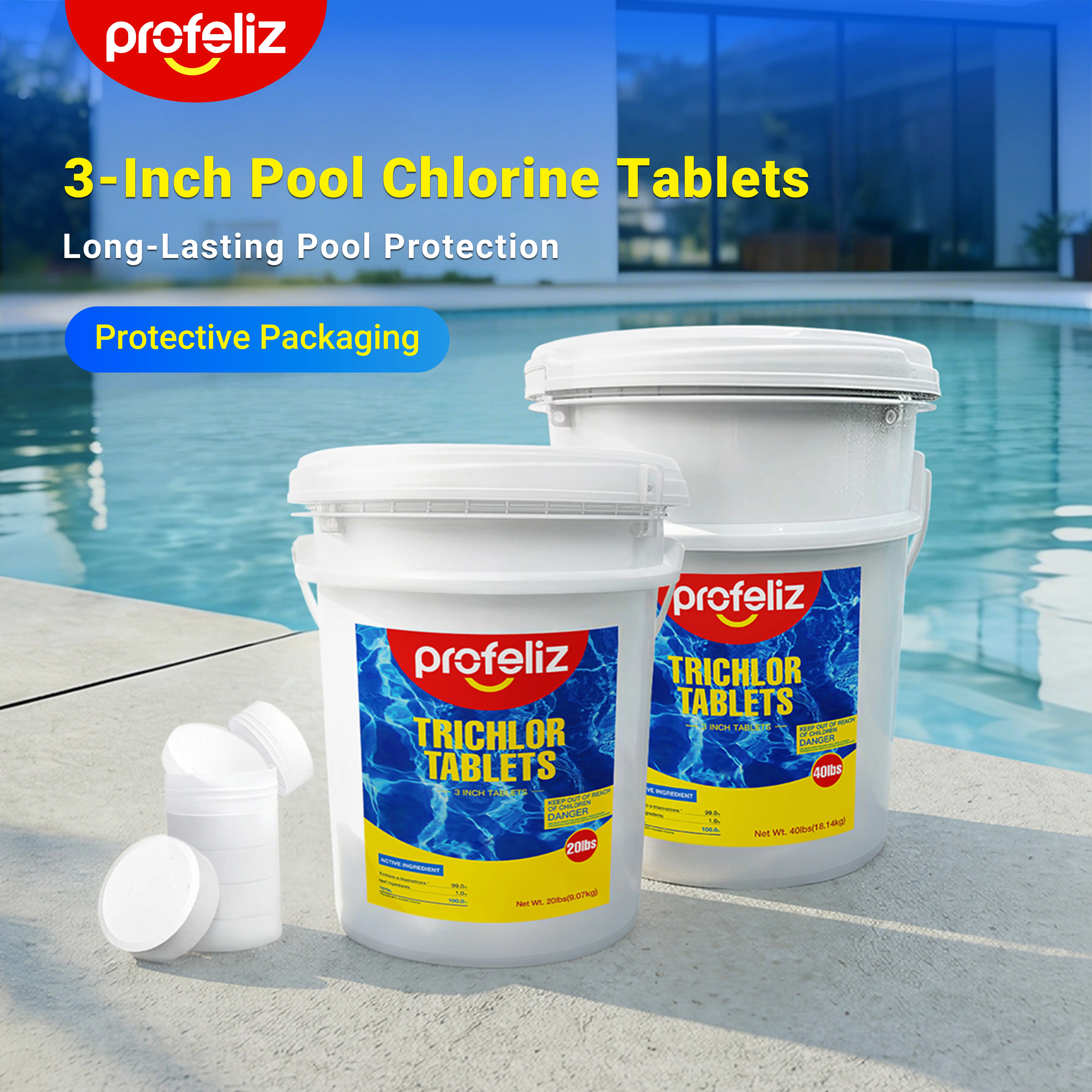 Summervibes PROFELIZ Chlorine Tablets 3 Inch for Swimming Pools, Kills Bacteria and Stops Algae, Slow Dissolving,Exclusive Protective Packaging,Pool Chlorine Tablets, 20 lb 40lb