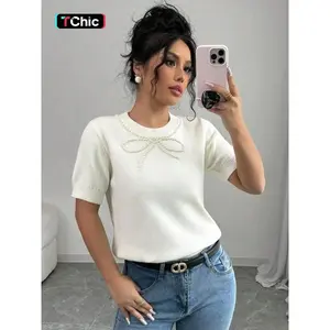 Women’s bow round-neck sweater, summer casual fit short-sleeved pullover sweater with artificial pearl decoration, fashionable women’s knit sweater, minimalist women’s clothing, women’s top GARMENTARY