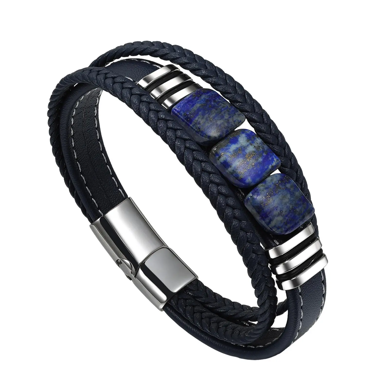 OIDEA Men's Natural Lapis Lazuli Bracelet - Exquisite High Quality December Birthstone Jewelry, Magnetic Clasp, Leather & Stainless Steel, Stacked Bracelet for Casual Wear, Dressy, Refined Look, 1.06" Width, Pyrite Spots, 8.27" Inner Circumference, Polish