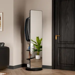 360° Rotating 69'x16' Multifunctional Full Length Mirror with Hook Storage Rack Coat Rack with Mirror Solid Wood Floor Mirror Bedroom Living Room Cloakroom Space Saving (black)