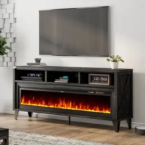 AMERLIFE 65“ Fireplace TV Stand, Farmhouse Entertainment Center with 60" Tempered Glass Electric Fireplace, Industrial Media Console for TVs up to 75"/Best Gift Ideas/Christmas Gifts