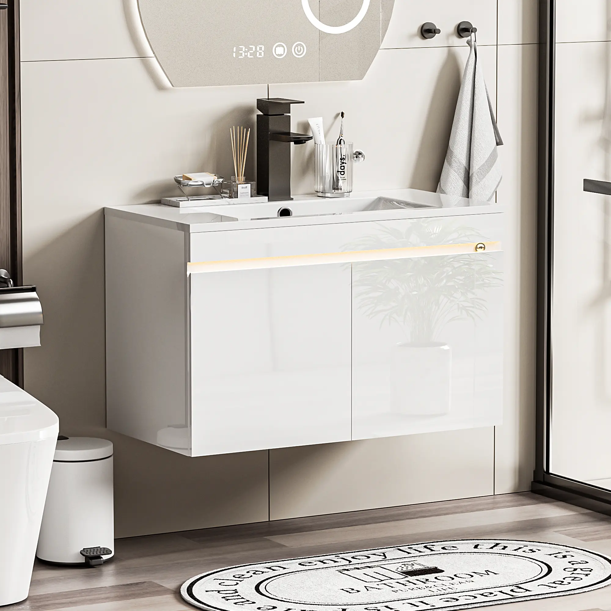 【2 Packages Shipping】Spurgehom 30 Inch Bathroom Vanity with Sink Combo, Smart Wall Mounted Sink Cabinet with Auto Motion Sensor LED Light, High Gloss Modern Floating Vanity with Faucet homeessentials