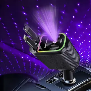 Retractable Car Charger, USB Car Charger, Car Charger with Type-C Retractable Cable, Car Charger with Atmosphere Light for iPhone iPad Samsung Xiaomi