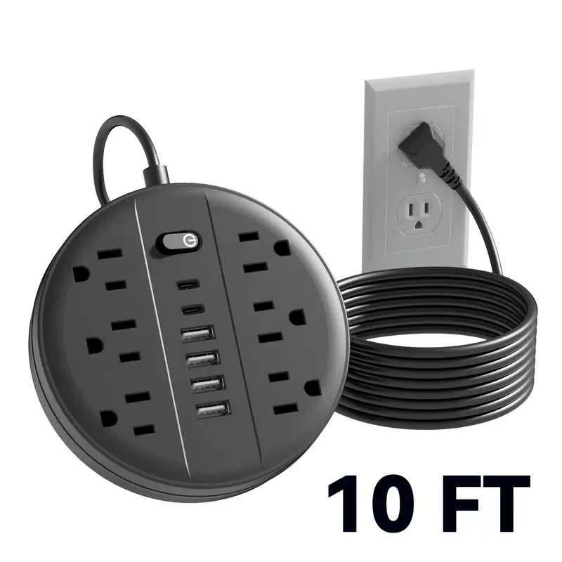 12-In-1 Surge Protector Power Strip with Universal Sockets, 6 AC Outlets, 4 USB-A, 2 USB-C, Flat Plug, Wall Mount, 5ft/10 ft Cord, Plastic Build, Multi-Charge, Manufacturer Warranty for Indoor Home Devices (Short Circuit Prevention)