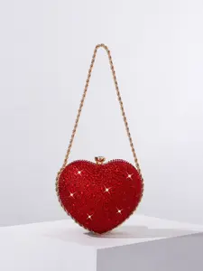 Women's Sparkling Heart Evening Bag Handbag, Valentine's Day Gift, Luxurious Rhinestone Metal Chain Small Crossbody Bag, Heart Studded Bag